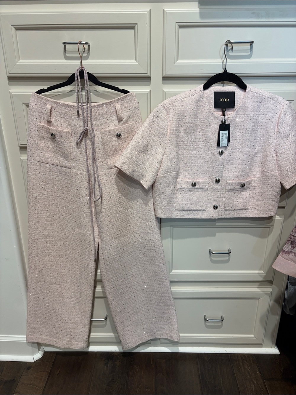Maje Pale Pink Tweed Cropped Jacket and Wide-Leg Pants Set